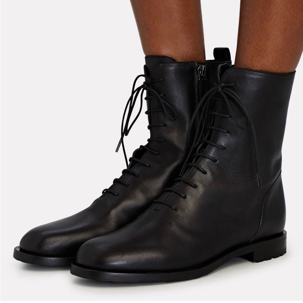 Manolo Blahnik Planigia Black Leather Combat Boots EU 37.5 Lace Up Ankle Booties - Picture 7 of 12